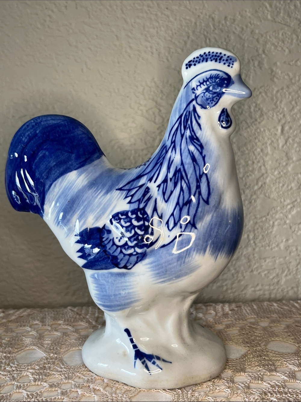 Vintage Delft Style Blue & White Rooster Figurine Ceramic Farmhouse Decor